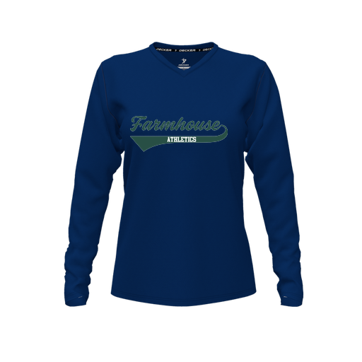 [CUS-DFW-TEES-CMF-VNK-LSL-NVY-FYXS-LOGO3] Decker Comfort T-Shirt (Female Youth XS, Navy, V Neck, Logo 3, Long Sleeve)