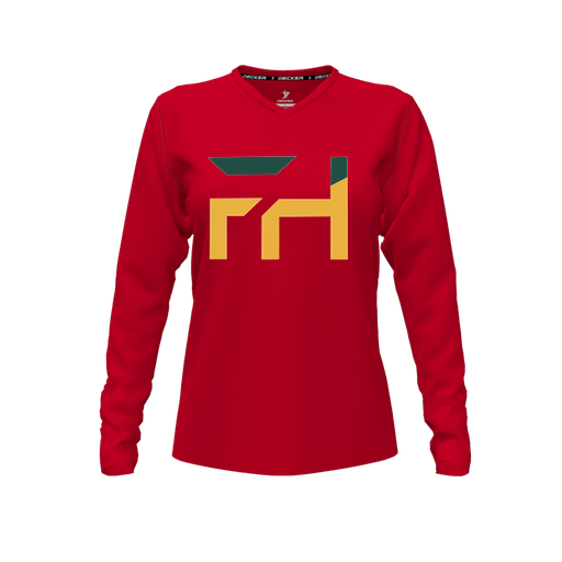 [CUS-DFW-TEES-CMF-VNK-LSL-RED-FYXS-LOGO1] Decker Comfort T-Shirt (Female Youth XS, Red, V Neck, Logo 1, Long Sleeve)