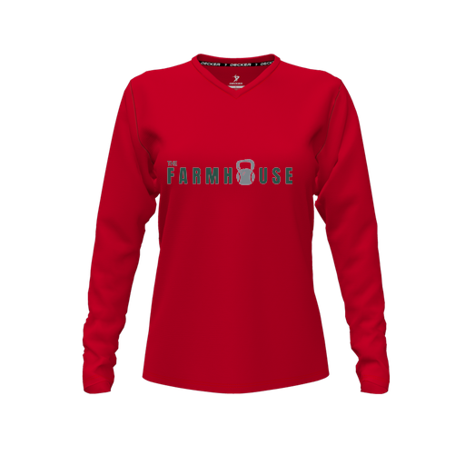 [CUS-DFW-TEES-CMF-VNK-LSL-RED-FYXS-LOGO2] Decker Comfort T-Shirt (Female Youth XS, Red, V Neck, Logo 2, Long Sleeve)