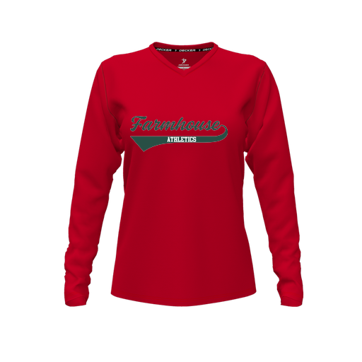 [CUS-DFW-TEES-PER-VNK-LSL-RED-FYXS-LOGO3] Performance T-Shirt (Female Youth XS, Red, V Neck, Logo 3, Long Sleeve)